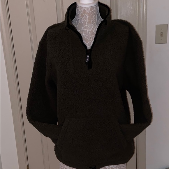 NWOT PINK Olive Green Sherpa 1/2 Zip Pullover - Picture 1 of 4